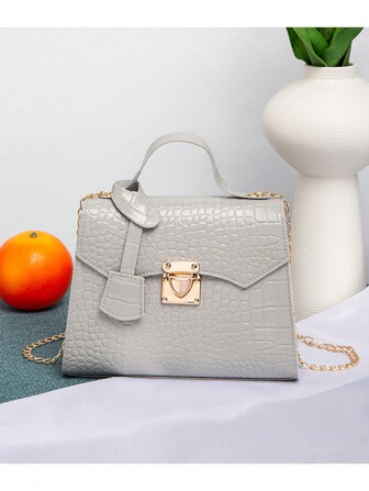 Crocodile Pattern PU Leather Handbag For Women, Fashion, Lock Buckle, Elegant Shoulder & Crossbody Bag