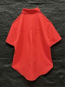 Women's Simple Front Button Up Short Sleeve Shirt - Red - View 2