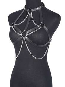 Women's Sexy Waist Belt, PU Leather Chain Tassel Chest Harness, Punk Style Accessory For Dating And Party Outfits
