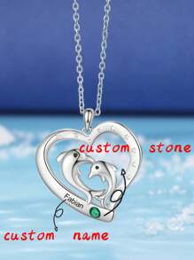 1 PC Personalized Custom Necklace, Fashionable And Exquisite Necklace, Unique Design, Custom Engraved Text, Custom Inlaid Birthstone, Durable Copper Necklace, Hollow Heart With Exquisite Dolphin Pattern Design Necklace, Very Meaningful, Perfect Valentine's Day Custom Gift For Your Lover, Perfect Christmas Gift. - Silver - View 1