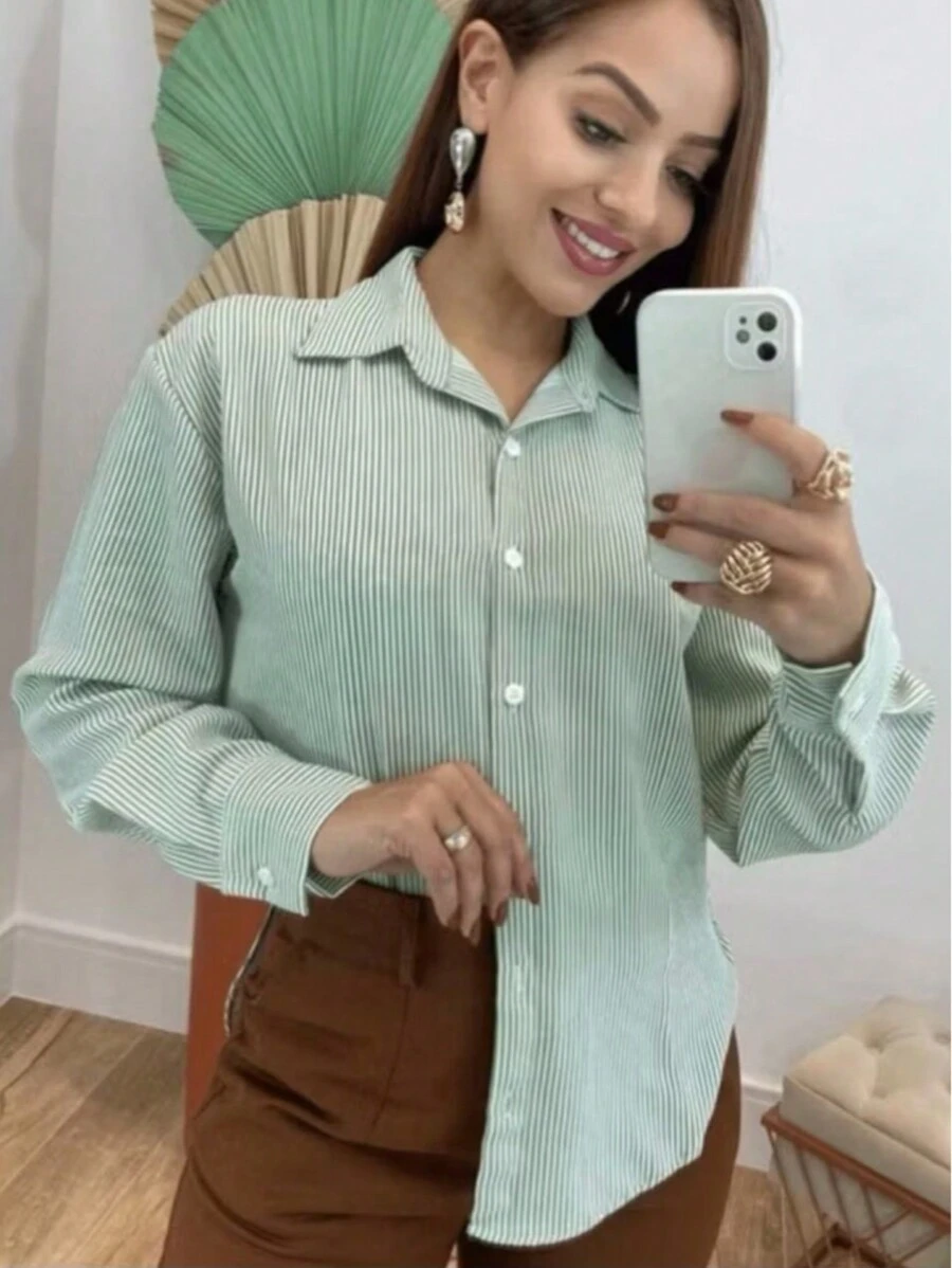Women's Long Sleeve Formal T-Shirt In Duna Fabric, Size M, G, Gg, G1, G2, G3, Super Fashion Blouse - verde com branco - 查看 1