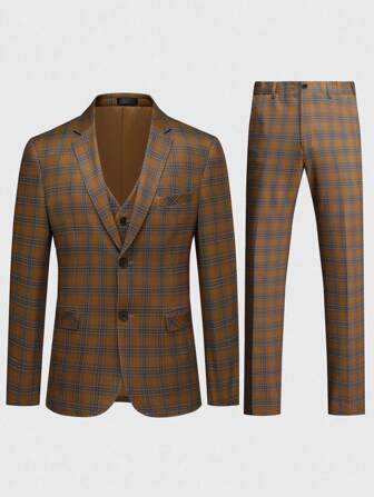 CLOUDSTYLE Set de costume de afaceri pentru bărbați 3 buc: blazer cu mânecă lungă cu imprimeu în carouri, vestă și pantaloni, potrivit pentru primăvară și toamnă