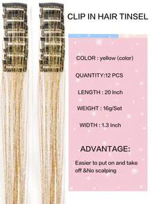 12 Pieces Clip In Medium Straight Synthetic Hair Extensions, Fashion Party Christmas Gift Women's Blonde Wire Hair Extensions Pieces 12 Pieces In A Pack, Clip In 20 Inch Colorful Glitter Hair Extensions, Holiday Gift Party Dazzling Hair Accessories
