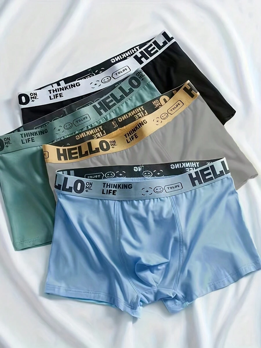 4pcs Men's Underwear, Teenagers Square-Cut Brief, HELLO Underwear
