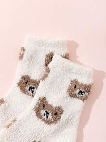 1 Pair Kids Cute Cartoon Bear Embroidered Warm Fleece Slipper Socks, Essential For Autumn/Winter