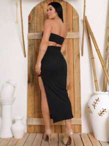 Long Greece Strapless Dress With Side Slit And Cup - Azul Marino - Ver 2