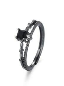 1pc Fashionable Love And Deep Space Soulmate Ring With Embedded Black Square Cubic Zirconia, Elegant, Unique Small Batch Design, Suitable For Everyday Wear, Black Color For Valentine's Day Gift - Black Gemstone Ring - View 5