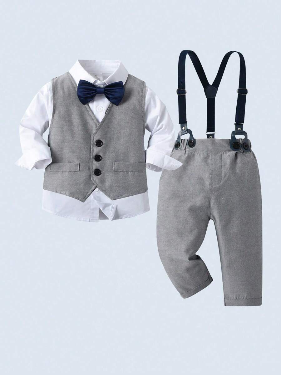 BOARNSEORL 3pcs Young Boys Gentleman Outfit - White Shirt With Bow Tie, Grey Vest And Pants, Fashionable Casual Suit For Birthday Party, Wedding, Ceremony - Grey - View 1