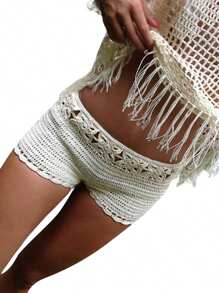 Womens Swim Shorts Crochet Cutout Bathing Suit Bottoms Drawstring Beach Board Shorts Summer Swim Trunks - White - View 2