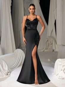 Faeriesty 优雅细肩带贴花系带露背吊带派对礼服、婚礼宾客礼服、正式礼服、晚礼服