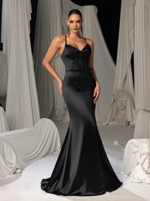 Faeriesty 优雅细肩带贴花系带露背吊带派对礼服、婚礼宾客礼服、正式礼服、晚礼服