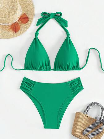 Set de 2 piezas Bikini con tirantes de espagueti de unicolor, estilo de vacaciones en la playa