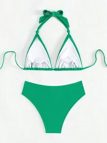 Bộ bikini hai mảnh màu trơn ngọt ngào và gợi cảm với dây đeo mảnh buộc eo, kiểu dáng nghỉ mát mùa hè. - màu xanh lá - Xem 3