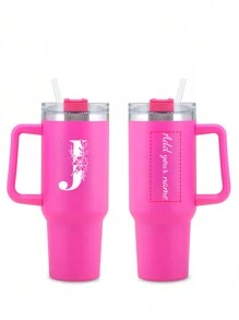 1 pezzo Borraccia personalizzata in acciaio inossidabile da 40 once con stampa di lettere dall'A alla Z, con cannuccia e coperchio, tazza da viaggio portatile per latte e caffè, regalo per vacanze, damigella d'onore, sposa, per famiglia e amici - Fucsia - Visualizzare 29