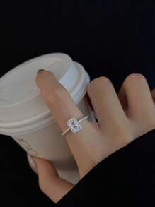 1pc Fashionable Luxury Niche Design Refined Open Square Zirconia Stone Ring, Minimalist Elegant For Women
