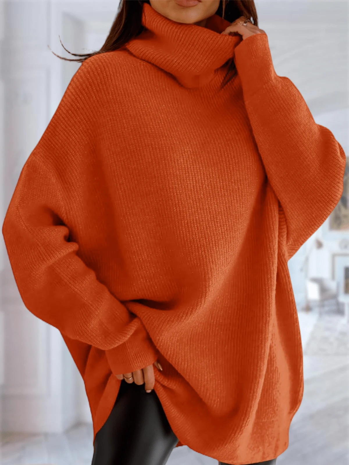 Womens Turtleneck Oversized Sweater Batwing Chunky Pullover Sweater Casual Fall Loose Knit Jumper Top - trái cam - Xem 1