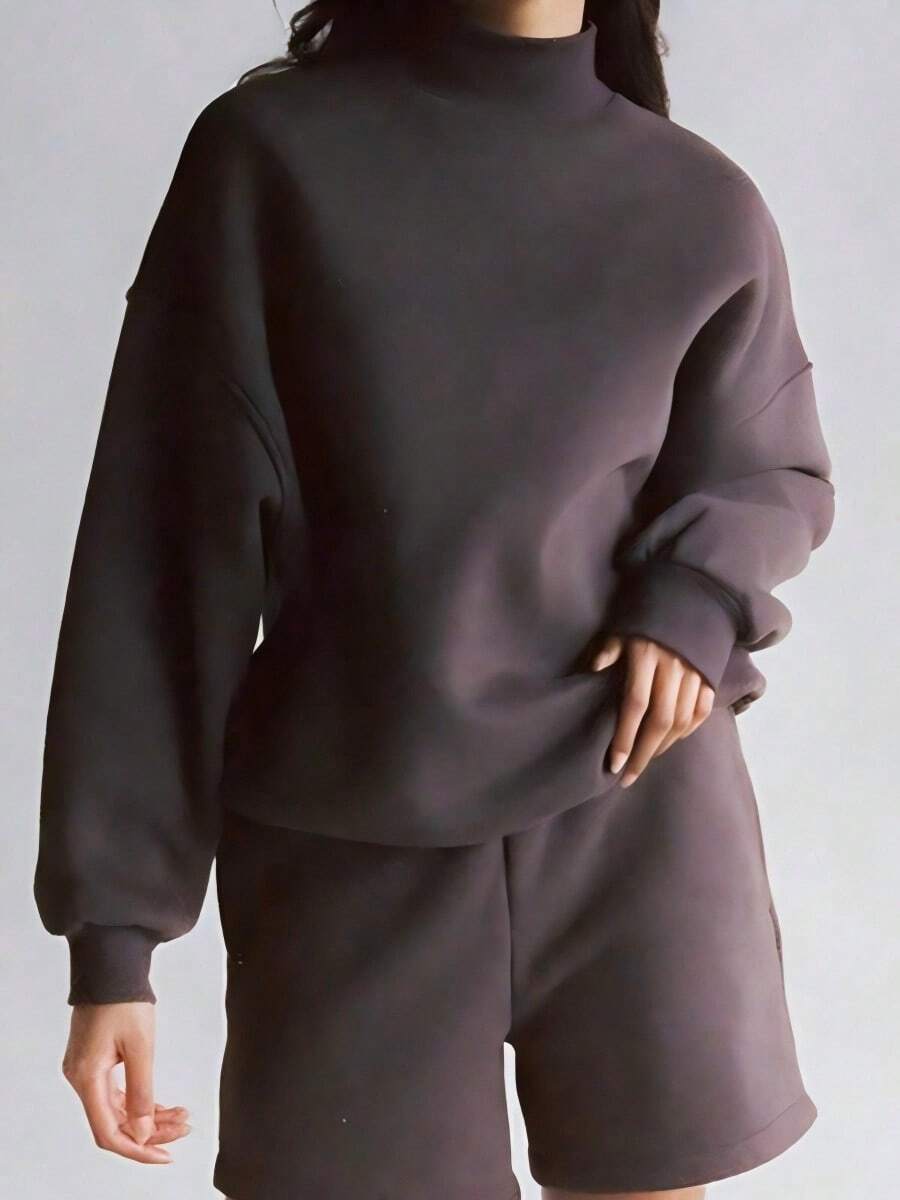 Ropa de mujer de dos piezas nuevo casual color sólido top de manga larga pantalones cortos sueltos suéter de moda - Gris Oscuro - Ver 1