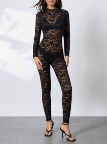 Women's Fashion Skinny Bodysuit Long Sleeve Mock Neck Sheer Lace Jacquard Playsuit - màu đen - Xem 2