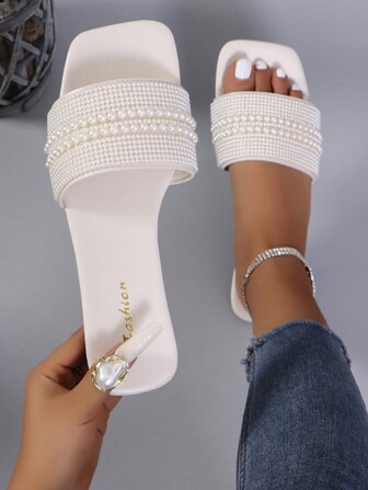 Women's Fashion Pearl Decorated Sandals, Minimalist & Elegant Casual Everyday Wear