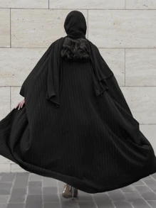 Plus Size Women Modest Modern Striped Casual Turkish Style Abaya Long Robe - Black - View 4