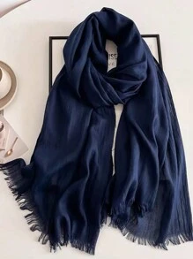 1 件 120 克仿亚麻纯色流苏保暖围巾披肩，旅行礼物纯色竹子图案围巾，适合女士 - 藏蓝色 - 查看 3