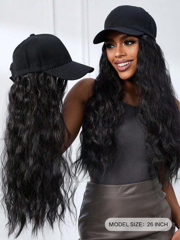 26 Inch Hat Long Curly Wavy Hair Wigs With Baseball Cap Adjustable Black Baseball Cap With Synthetic Curly Hair Beginners Friendly Natural Looking For Daily Use - Black - View 3