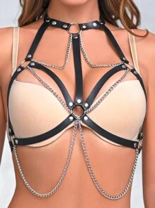 Women's Sexy Waist Belt, PU Leather Chain Tassel Chest Harness, Punk Style Accessory For Dating And Party Outfits