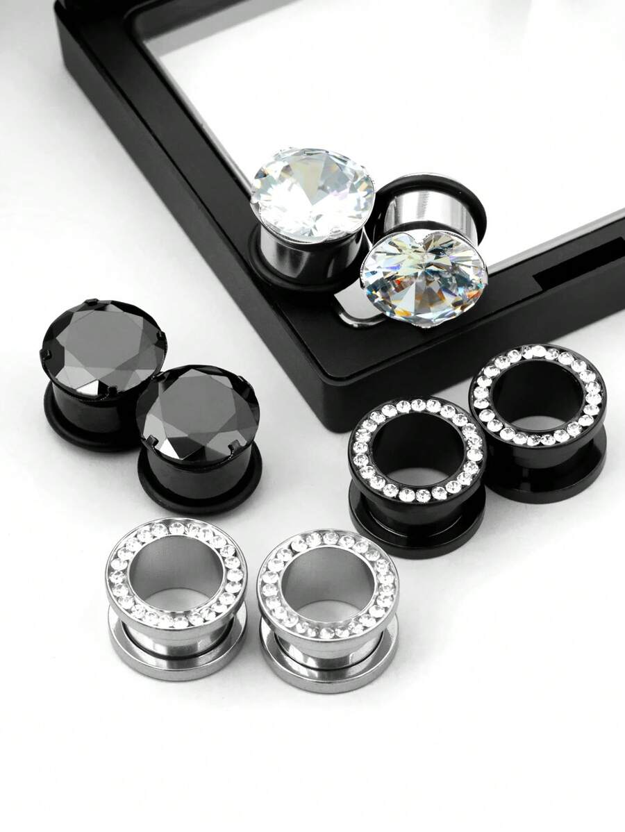 8 pièces/4 paires d'écarteurs d'oreilles en acier inoxydable et zircone double évasé de 4 mm à 14 mm. Bijoux de perçage du corps hypoallergénique pour les peaux sensibles. Boucles d'oreilles, bijoux d'oreilles pour femmes, été, plage, mariage