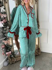 Womens Striped Christmas Pajama Set Satin Tie Up Knot Puff Long Sleeve Button-Up V-Neck Cropped Shirt + Drawstring Waist Long Pants 2 Piece Sleepwear Xmas Holiday Party Clothes Loungewear Outfit - 綠色 - 查看 3