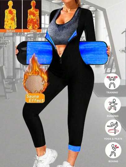 3in1 Sauna Sweat Suit Sports Waist Trainer For Women Tummy Control, Full Body Long Sleeve Shapewear Pants Waistband Leggings Corset BodySuit Jumpsuit Workout Women Sets