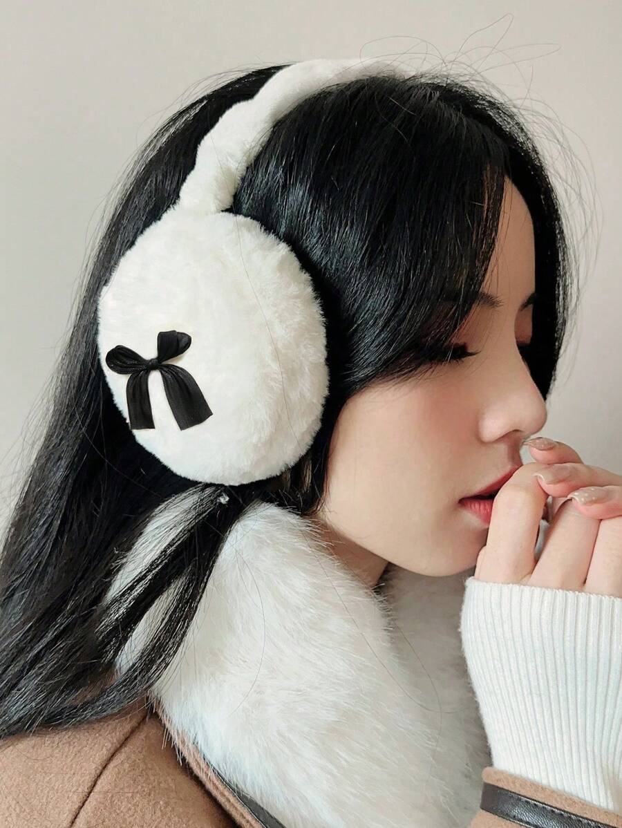 1pc Y2K Cute Pink Bow Decoration Plush Foldable Earmuffs, Women's Winter Windproof Earmuffs For Cycling And Outdoor Activities Valentines