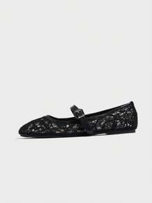 Women's Ballet Flats Summer Breathable Embroidery Lace Mesh Square Toe Mary Jane Black Flat Shoes - Black - View 7