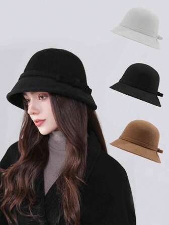 1pc Fashionable Vintage British Noble Lady Elegant Style Bow Decor Bucket Hat, Warm & Comfortable For Women, Autumn/Winter