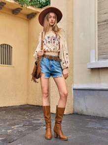 Womens Mid Knee High Boots Chunky Heel Slouchy Metal Buckle Side Zipper Fashion Winter Shoes - Brown - View 3