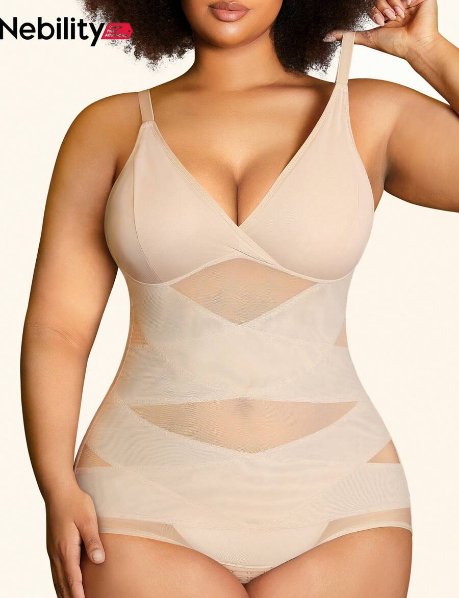 Nebility Plus Size Bodysuit Shapewear For Women Tummy Control Body Shaper Waist Trainer Butt Lifter V Neck Bra Jumpsuit Top - 米色 - 查看 1