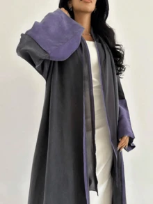 1pc Fashion Simple Colorblock Cuff Women Solid Color Long Dress, Elegant Open Front Robe/Abaya, Suitable For Daily Wear And Festivals - Purple - View 3