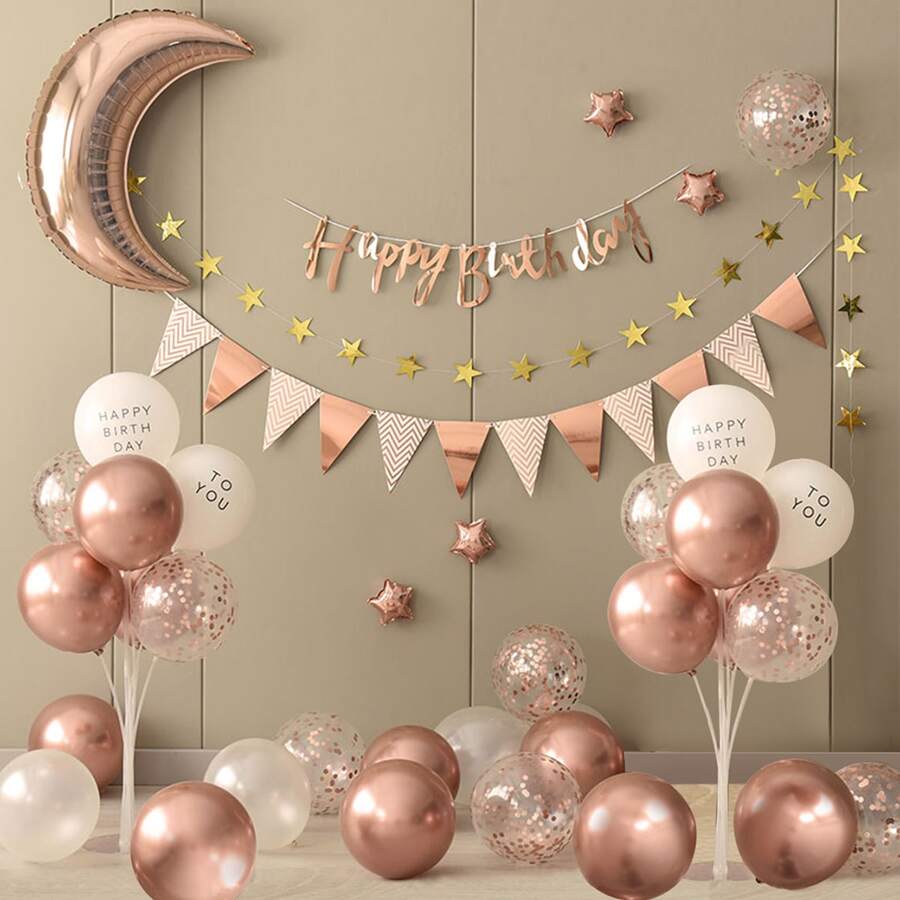 1 Set 39 Buah Dekorasi Perayaan Ulang Tahun dengan Bulan Emas Mawar dan Balon - Rose Gold - View 1