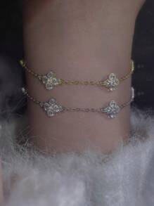 ESBERRY 1pc Simple 925 Sterling Silver Four-Leaf Clover Zirconia Bracelet Women's Light Luxury High Feeling Bracelet Fine Jewelry Gift Party Gift Birthday Gift Dating Essentials - Five Flowers Lucky Bracelet - View 2