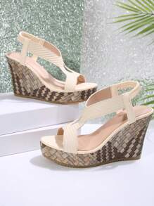 女士编织镂空凉鞋，防水厚底厚坡跟高跟鞋，松紧带罗马鞋