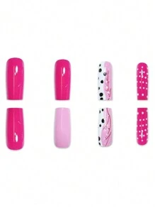 一盒 24 片中号方形指甲，粉色渐变和波尔卡圆点设计，带有珍珠和花卉装饰，按压式指甲套装，配有指甲锉和果冻胶，适合女士和女孩，展现甜美时尚的外观，非常适合日常佩戴和聚会美甲用品