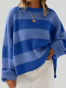 Suéter de punto holgado y suelto con hombro caído y bloques de color a rayas para mujer