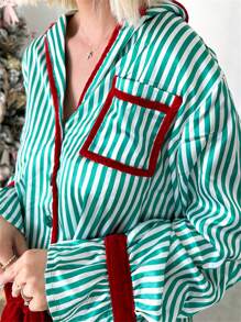 Womens Striped Christmas Pajama Set Satin Tie Up Knot Puff Long Sleeve Button-Up V-Neck Cropped Shirt + Drawstring Waist Long Pants 2 Piece Sleepwear Xmas Holiday Party Clothes Loungewear Outfit - 綠色 - 查看 5