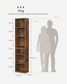 VASAGLE Bibliothèque, Étagère sur 6 Niveaux, Meuble de Rangement Ouvert, Étagère, 24 x 40 x 178,5 cm, pour Salon, Bureau, Salle à Manger,Marron Rustique - Tabac - Voir 4