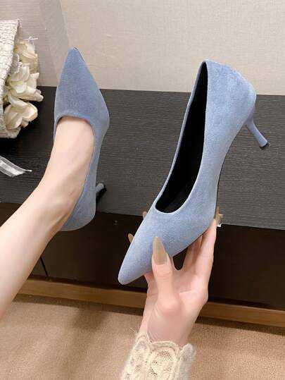 2024 New French Style High Heel Shoes For Women, Breathable Non-Fatigue Professional Work Pumps, Blue Pointed Toe Shoes
