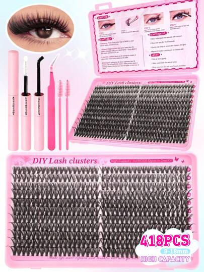 418 件 D 卷单根睫毛簇 30D 8-16 毫米混合 DIY 睫毛簇自然外观、超柔软、超轻单根睫毛延长套装，带化妆工具粘合和密封、镊子和刷子，适合初学者在家或外出时使用，适用于日常生活、派对和圣诞节礼物和礼品套装睫毛簇套装、睫毛、睫毛、假睫毛