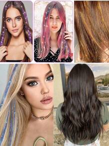 12 Pieces Clip In Medium Straight Synthetic Hair Extensions, Fashion Party Christmas Gift Women's Blonde Wire Hair Extensions Pieces 12 Pieces In A Pack, Clip In 20 Inch Colorful Glitter Hair Extensions, Holiday Gift Party Dazzling Hair Accessories