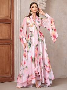 女士春夏季假期优雅花卉印花高腰喇叭袖超长连衣裙