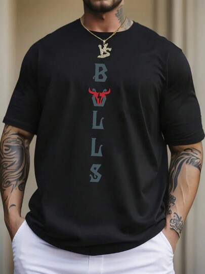 Men's Standard Size Bull English Graphic Casual Short Sleeve T-Shirt