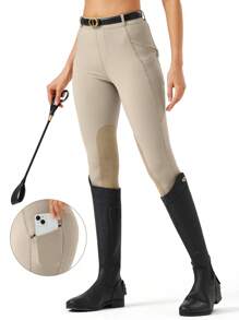 Women's Stretch Skinny Horse Riding Pants With Two Side Zipper Pockets Knee-Patch Schooling Tights Equestrian Breeches For Women - 卡其色 - 查看 1