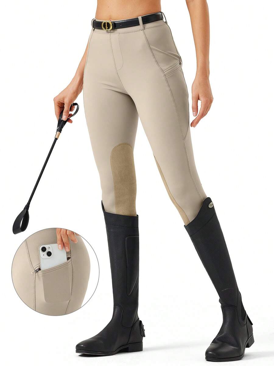 Women's Stretch Skinny Horse Riding Pants With Two Side Zipper Pockets Knee-Patch Schooling Tights Equestrian Breeches For Women - 卡其色 - 查看 1